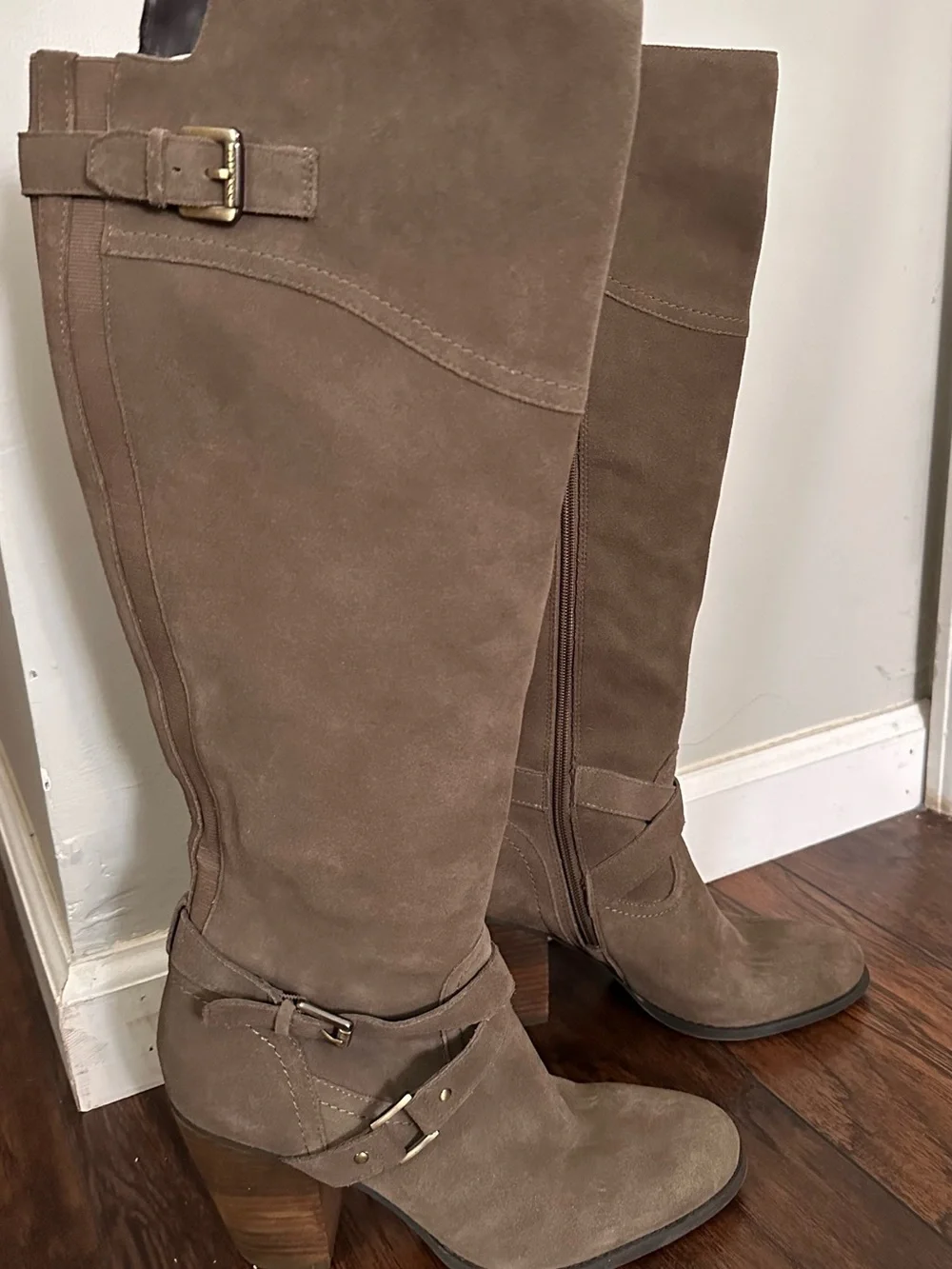 GUESS Taupe Suede Over-the-Knee Boots with Gold Buckles